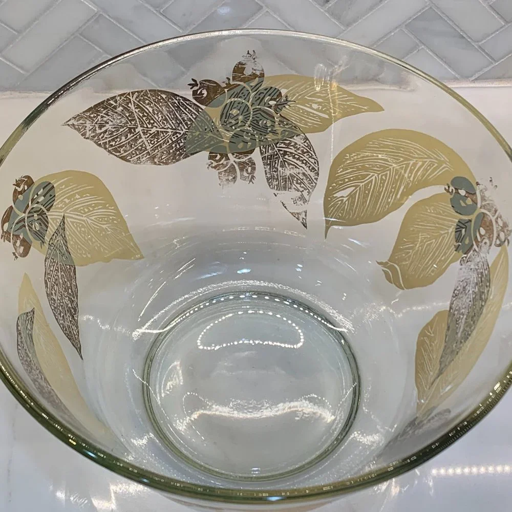 Vintage MCM Salad Bowl -Gold Leaf and Berries -Large